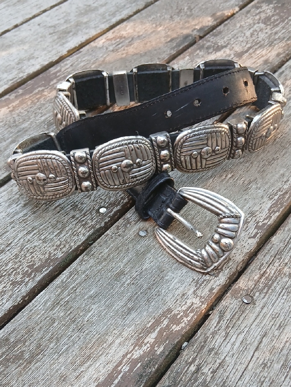 Brighton Studded Tooled Concho Leather Belt - Black with Silver Accents